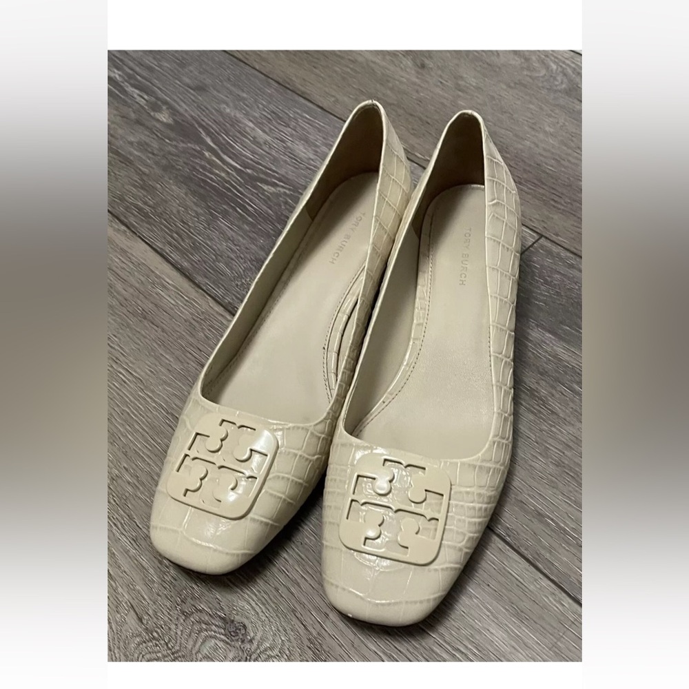 $348 Tory Burch Georgia Ivory Croc Embossed Square Toe 25mm Block Heel Pumps 9M - Picture 6 of 15